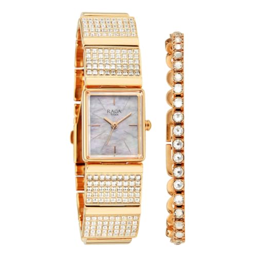 Titan Raga Unlocked Quartz 3 Hand Shaped White Mother of Pearl Dial, IP Rose Gold Strap Watch for Women - 2828WM01F