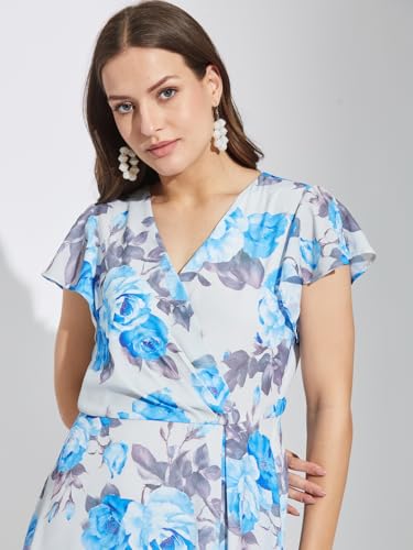 Latin Quarters Women Blue V-Neck Half Sleeves Printed Above Knee A-Line Dress for Casual Wear_L