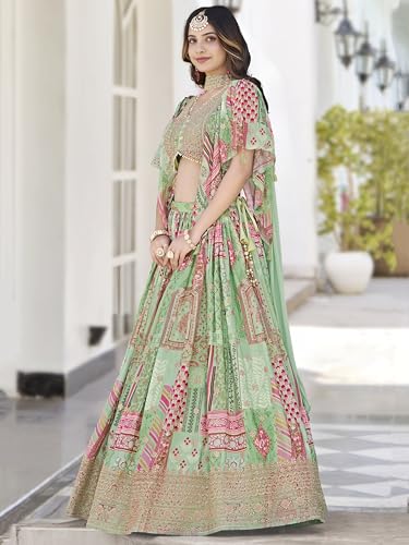 AG Clothing Women's Digital Print With Zari Dori Embroidery Work Chinnon Silk Lehenga Choli With Dupatta (ZC-Queen-7050-Green-Women-Lehenga-Choli-New; Free size)