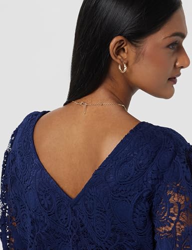 Styli Women's Navy Blue Puff Sleeves Lace Insert A-Line Midi Dress