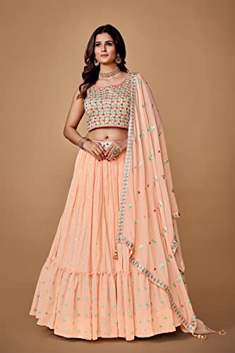 FUSIONIC Thread With Pearl Peach Ruffle Lehenga