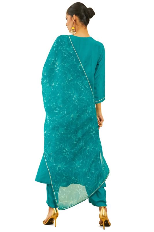 Soch Womens Teal Muslin V-Neck Suit Set With Gotta Patti