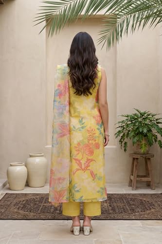 W for Woman Yellow Floral Printed Straight Kurta with Flared Pant and Dupatta Set - (WS13684-126969-M)