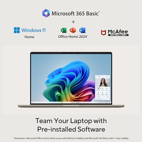 ASUS Zenbook A14, Snapdragon X Processor,(Qualcomm Adreno iGPU/16GB RAM/512GB SSD/Windows 11 Home/MS Office 365 Basic (1Year)*/14" FHD+ OLED/AI PC/Zabriskie Beige/0.98 kg),UX3407QA-QD258WS