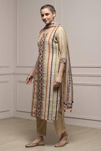 Biba Women Beige Linen Blend Hand Painted Unstitched Suit Set_FREE SIZE