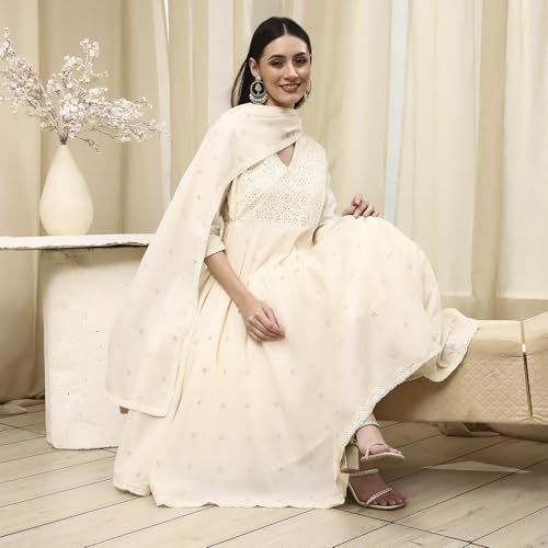 Biba Women Off-White Cotton Schiffli Anarkali Suit Set_42