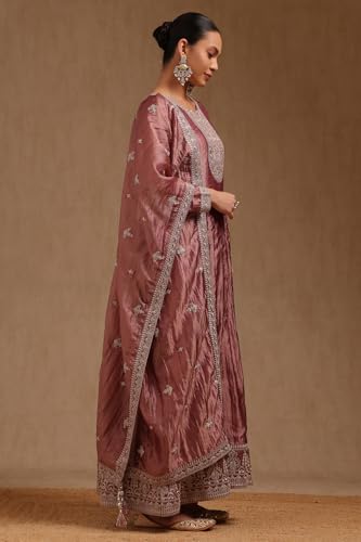 Soch Womens Onion Pink Tissue Embroidered Suit Set With Sequins