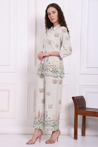 W for Woman White Floral Printed Checker Pure Cotton Shirt and Pants Co-ord Set (Size: S)-WS12976-125837