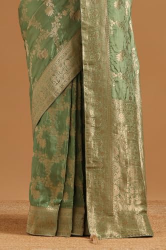 Soch Womens Olive Silk Blend Botanical Zari Woven Saree