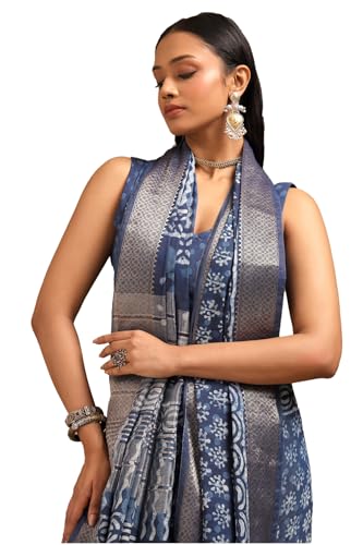 Soch Womens Indigo Viscose Block Print Saree