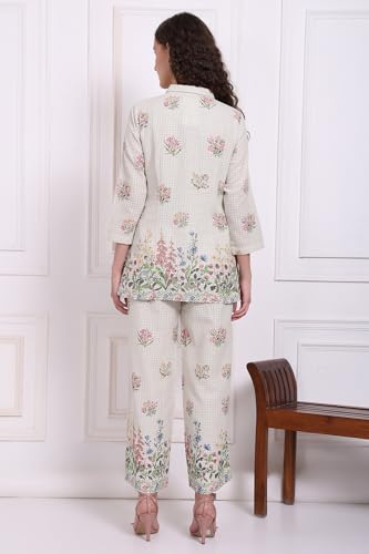 W for Woman White Floral Printed Checker Pure Cotton Shirt and Pants Co-ord Set (Size: S)-WS12976-125837