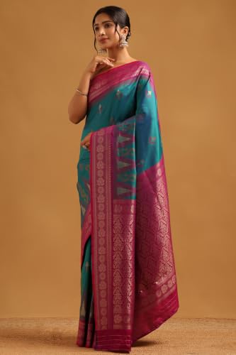 Soch Womens Teal Silk Blend Ikat Weave Zari Woven Saree