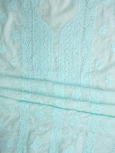 Ada Hand Embroidered Lucknowi Chikankari Unstitched Chanderi Dress Material Suit Piece with Dupatta for Women with Pearl Work 01A937473 Light Turquoise