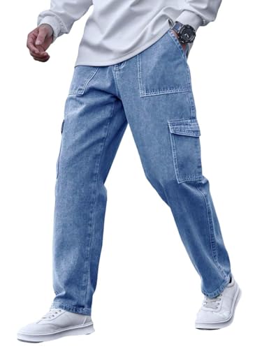 KOTTY Men's Solid Loose Fit Street Style Utility Wear Baggy Cargo Jeans(Blue,32)