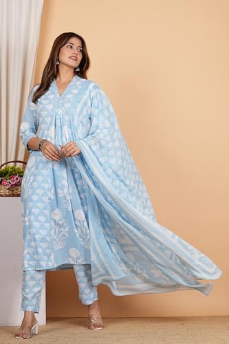 Yash Gallery Women's Cotton Calf Length V-Neck 3/4th Sleeves Botanical Floral Print Regular Fitted Mirror Work Anarkali Kurta With Pant & Dupatta (Blue, 8XL)