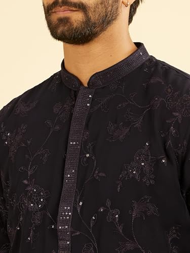 Manyavar Men's Georgette Floral Threadwork & Sequinned Kurta Churidar Set (Dark Blue,S)
