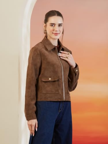 Latin Quarters Women's Brown Solid Collar Neck Full Sleeves Casual Jacket_XL
