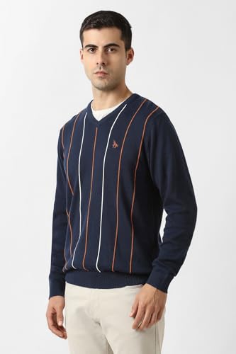 Men Navy Stripe V Neck Sweater