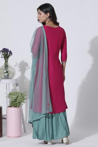 W for Woman Dark Pink A-line Embroidered Kurta, Culottes and Dupatta Set_24ONWS17951-217797_2XL