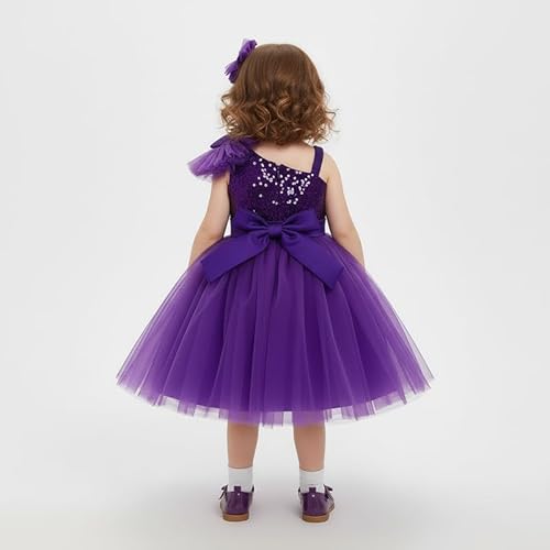 KIYOL Girls One Shoulder Sequin Satin Tulle Party Dress with Large Bow ? Elegant Purple Princess Gown for Birthday, Wedding & Special Occasions -Purple Barbet 2-3Y