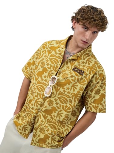 The Souled Store Lion King: Hakuna Vibes Men and Boys Short Sleeves Collared Neck Button Front Yellow All Over Printed Oversized Fit Cotton Holiday Shirts