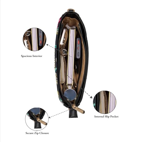 Caprese Elsa Medium Satchel Bag for Women with Adjustable & Detachable Strap | Elegant Embroidery Faux Leather Handbag | Multi-Compartment Crossbody Shoulder Bag for Special Occasions (Black)