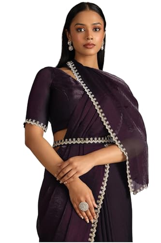 Soch Womens Wine Organza Saree With Stone Work