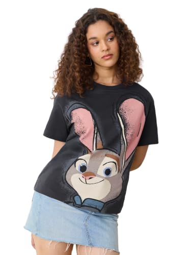 The Souled Store Disney: Judy Hopps Women and Girls Short Sleeve Round Neck Charcoal Grey Graphic Printed Cotton Oversized Breathable Fabric Casual Streetwear T-Shirts