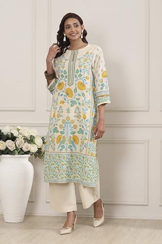 Biba Women Off White Cotton Straight Kurta_32