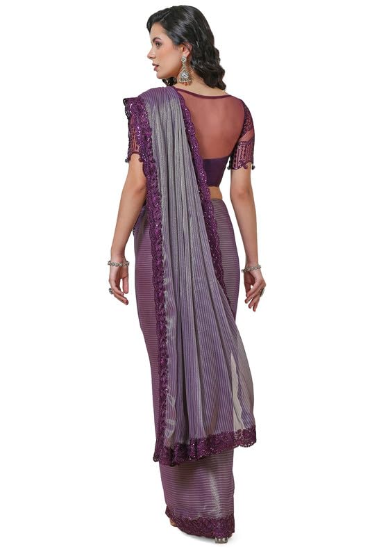 Soch Womens Purple Georgette Striped Saree with Sequins Border