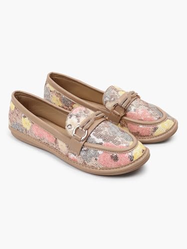 KLAUR MELBOURNE Women’s Textured Ballet – Elegant Pointed-Toe Slip-On Flats with Gold Chain Bit Detail & Cushioned Insole
