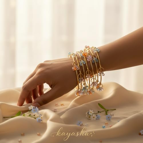 KAYASHA Women's Golden Stylish Alloy Metal Chudi Bangle Set with Ghungroo Work for Women & Girls | Traditional Bracelet Jewelry | Kangan for Wedding, Festival, Party - Set of 8