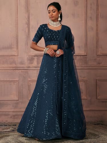 Zeel Clothing Women's Threads Sequins Embroidered Georgette Semi-Stitched Lehenga Choli With Dupatta (5089-Rama-Wedding-Stylish-Latest; Free Size)