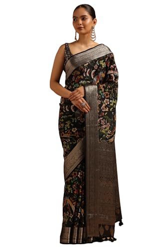 Soch Womens Black Silk Blend Botanical Saree With Zari Woven