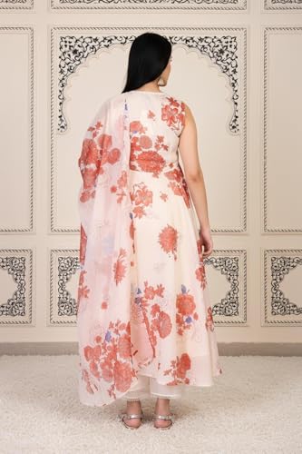 W for Woman Peach Floral Printed Chanderi Flared Kurta with Straight Pant and Dupatta Set (WS12803-125939-2XL)
