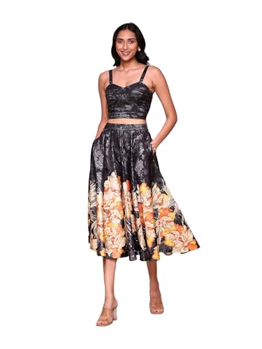 Label RITU KUMAR Black Floral Top with Skirt Co-ord Set