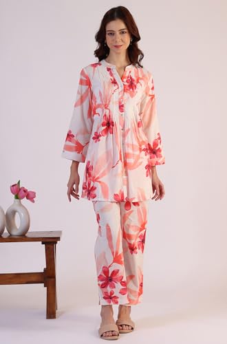 W for Woman White Bold Floral Printed Pure Cotton Tunic and Straight Pants Co-ord Set (Size: S)-WS31237-125407