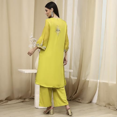 BIBA Women Lime Green Embroidered Straight Suit Set_32