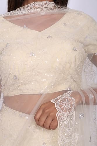 Aurelia Women's Beige Sequins Crop Top with Skirt and Dupatta Set - (AD10734-E608792-L)