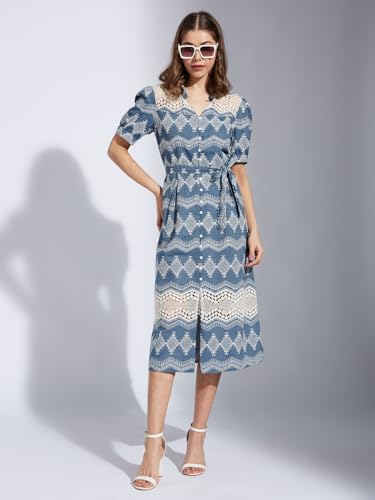 Latin Quarters Women Blue Collar Neck Half Sleeve Printed Shirt Dress_M