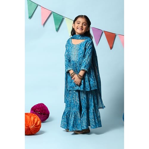 BIBA GIRL PRINTED FLARED KID(KW4948_TEAL BLUE_9)