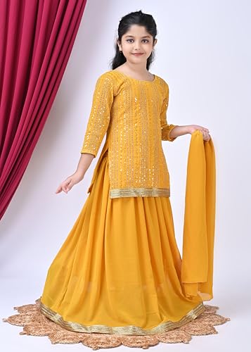 SPAMitude - Georgette Sequin Lehenga Kurta, Skirt and Dupatta Set for Girls – Ethnic Party Dress I Birthday Dress I Trendy Classic I Round Neck Full Sleeves (Yellow, 12 to 13 Years)