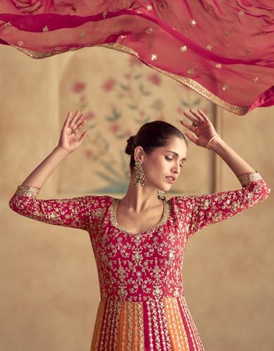 Shampysky Women's Pink Chinon Stitched Gown With Dupatta 3/4 Sleeve Embroidered Anarkali Gown (SSW-1231-Pink-4XL)