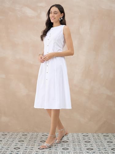 GulaboSitabo Women’s Halter Neck Pure Cotton Sleeveless Knee Length Dress for Women with Button Closure & Belt | Organic Cotton Ready to Wear Casual Party Outfit White
