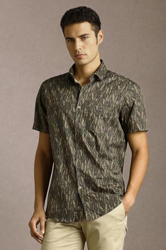 Men Olive Print Half Sleeves Casual Shirt
