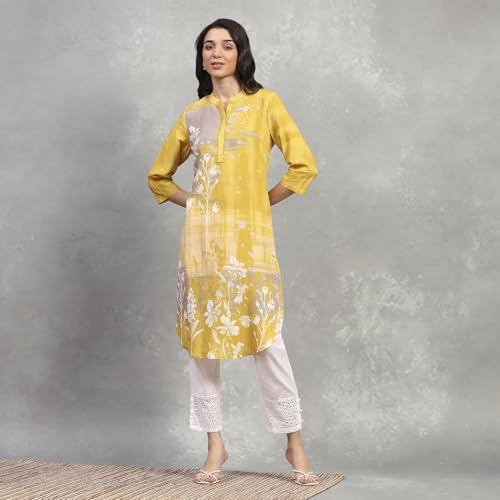 Rangriti Women's Viscose Rayon Printed Straight Kurta (RROZ25123AW25YEL_Yellow
