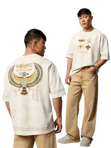 The Souled Store Nomad: Phoenix Men and Boys Short Sleeves Round Neck Off-White Embroidered Casual Lightweight Drop Shoulder Streetwear Trendy Super Oversized T-Shirt