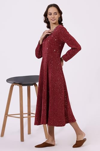 W for Women Maroon Solid Sequins Flared Dress for Women (Size: XL)-24NOW11846-314003A