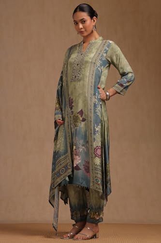 Soch Womens Olive Muslin Floral Print Suit Set With Beads