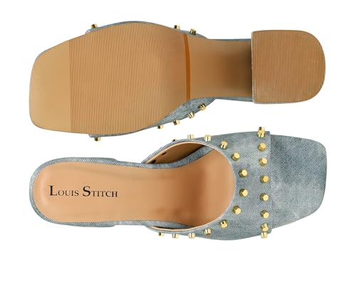 LOUIS STITCH Women’s Fashion Slip-On Block Heel Sandals | Open Toe Blue Stylish Mules Heel Sandal for Ladies, Fashionable and Comfortable Sandal (LSOF-LDBH-MUBU) (UK-8)